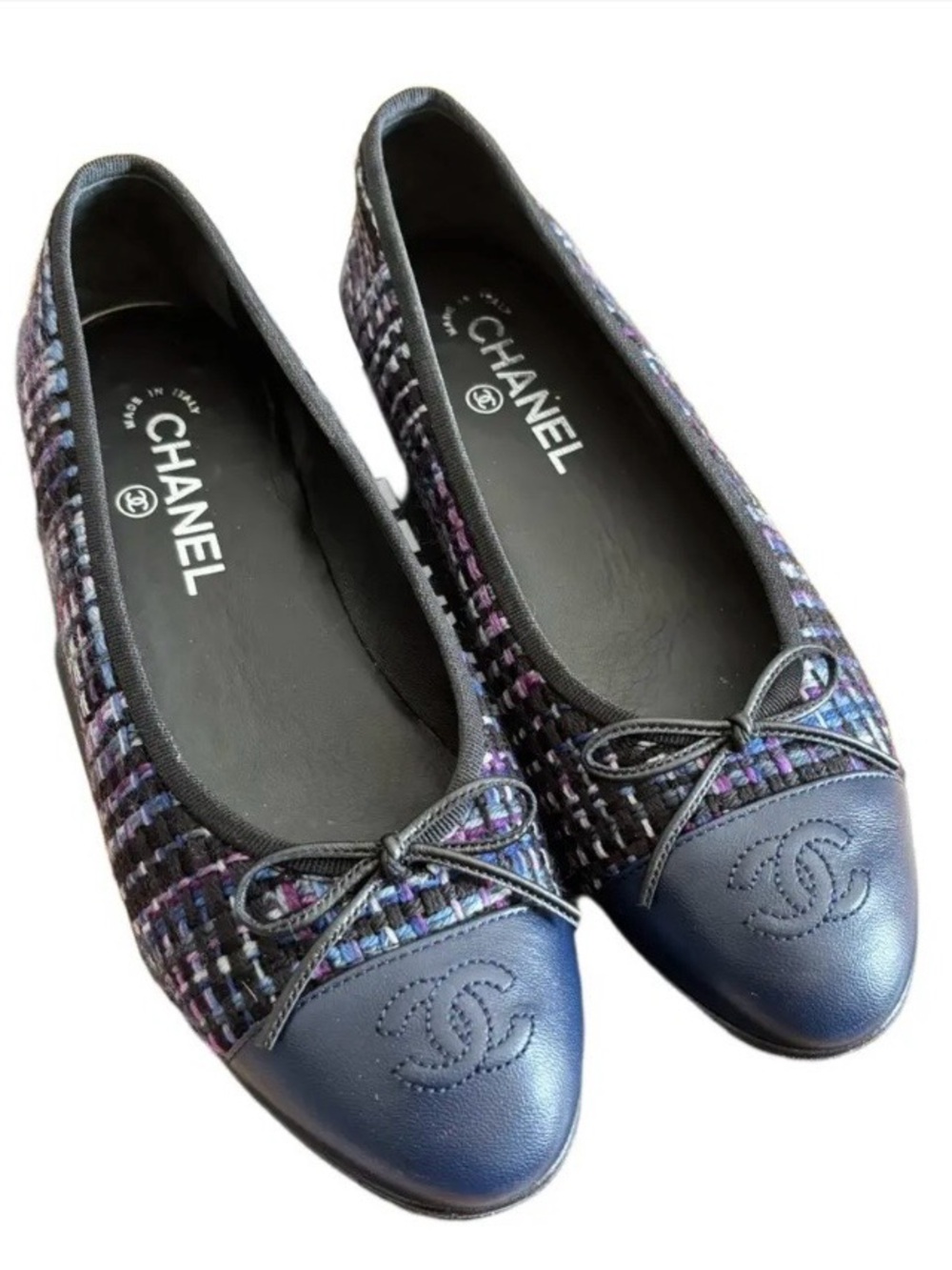 CHANEL Purple Tweed Leather Cap-Toe Ballet Flats